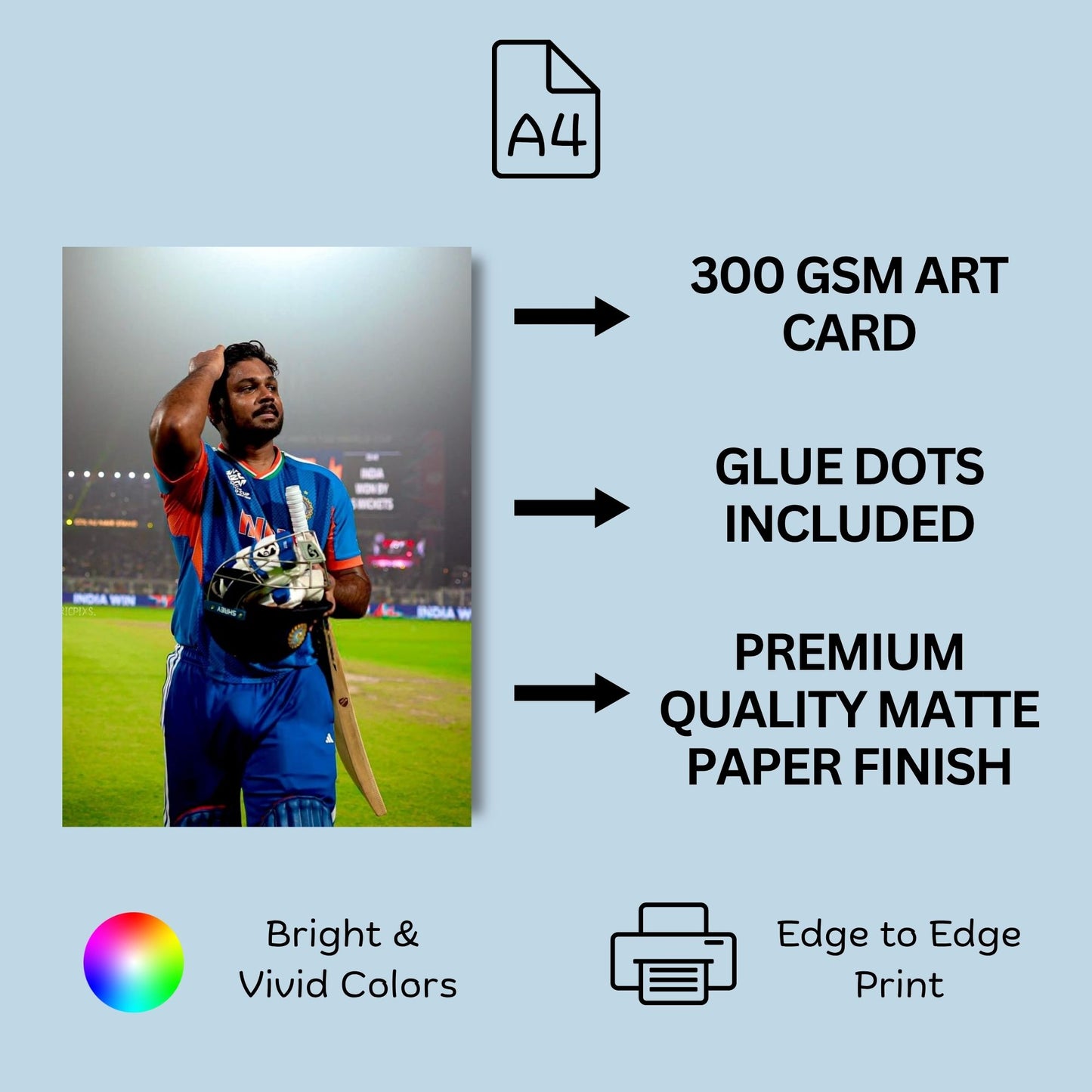 Aonami Sanju Samson Wall Poster Collection A4 Size Pack of 6 Posters Printed on 300 GSM Matte Paper Cricket Player Artwork Display Set Glue Dots Included Bedroom Study Area Sports Decor Wall Print