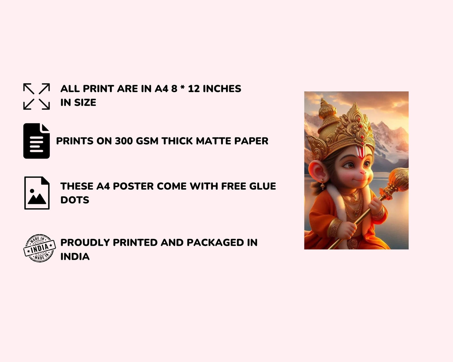 Posters Inc Set of 12 Positive Vibes Baby Hanuman Ji Wallpaper Sticker, Cute Baby Poster for Pregnant Women, HD Quality Print on 300 GSM A4 Size 8 * 12 Inch, Glue Dots Included, God Posters for Wall