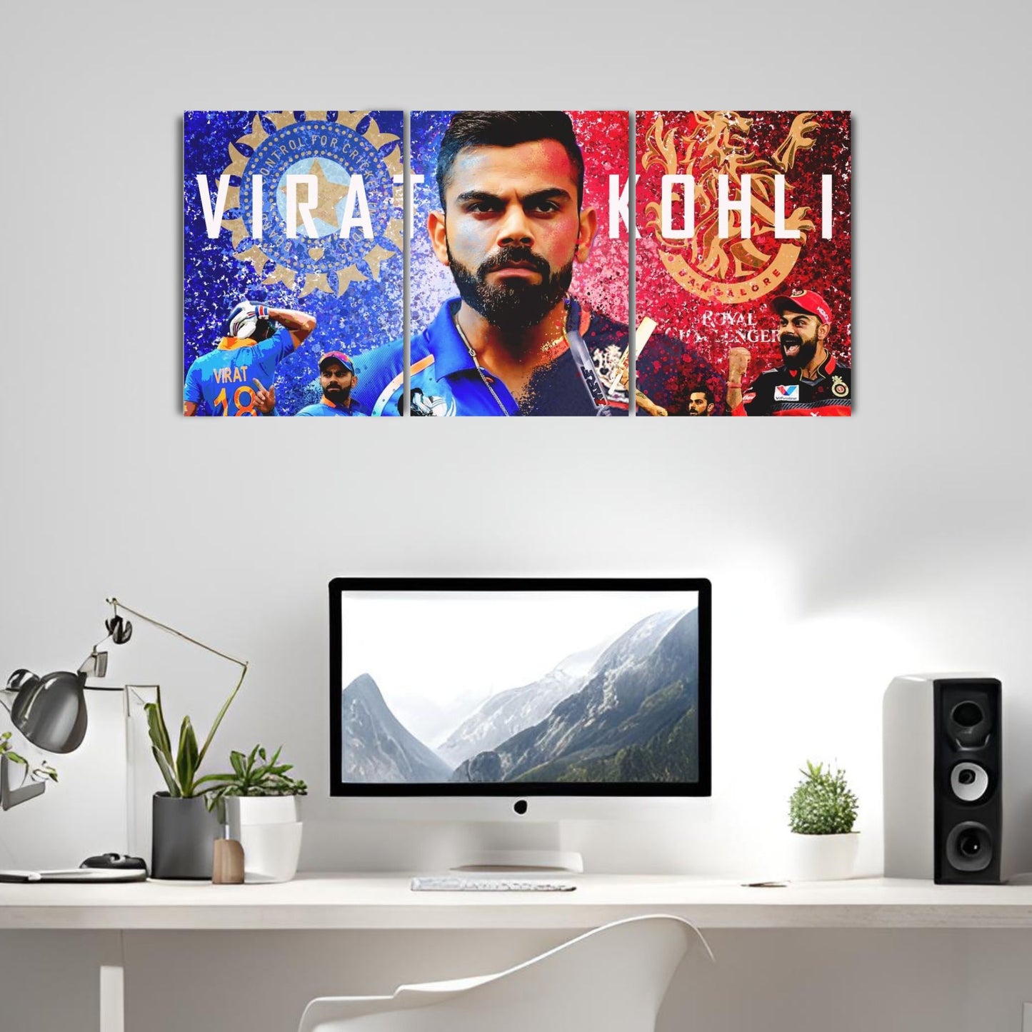 Posters Inc Virat Kohli RCB Split Wall Poster Set Of 4 300 Gsm Matte Paper A4 Size Pack Of 4 Posters Glue Dots Included For Room Decoration Cricket Theme Premium Print For Bedroom Office Decor