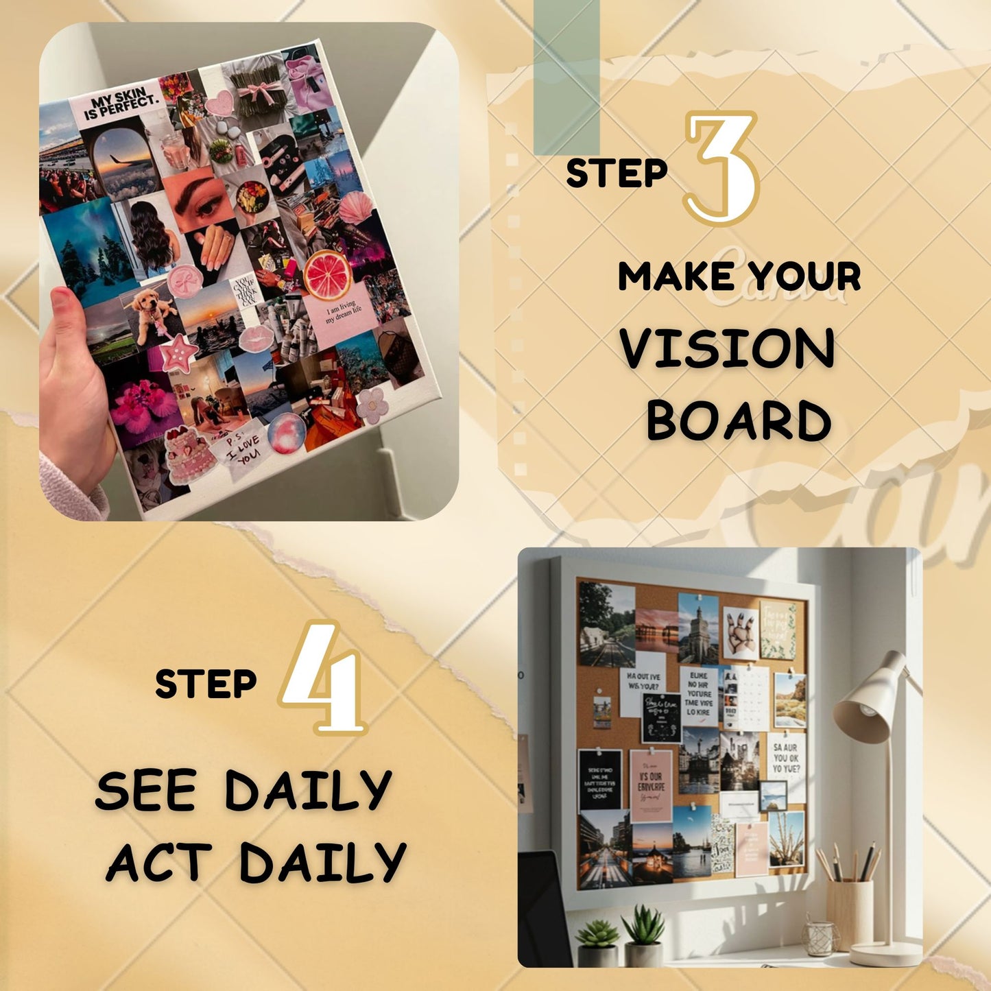 Posters Inc 2026 Vision Board for Manifestation Wall Posters 86 Elements Pack of 6 A4 Size 300 GSM Matte Paper for Wall, Bedroom, Hostel Motivational Life Goals Quotes Daily Affirmations Collection For Girls With Glue Dots Adhesive