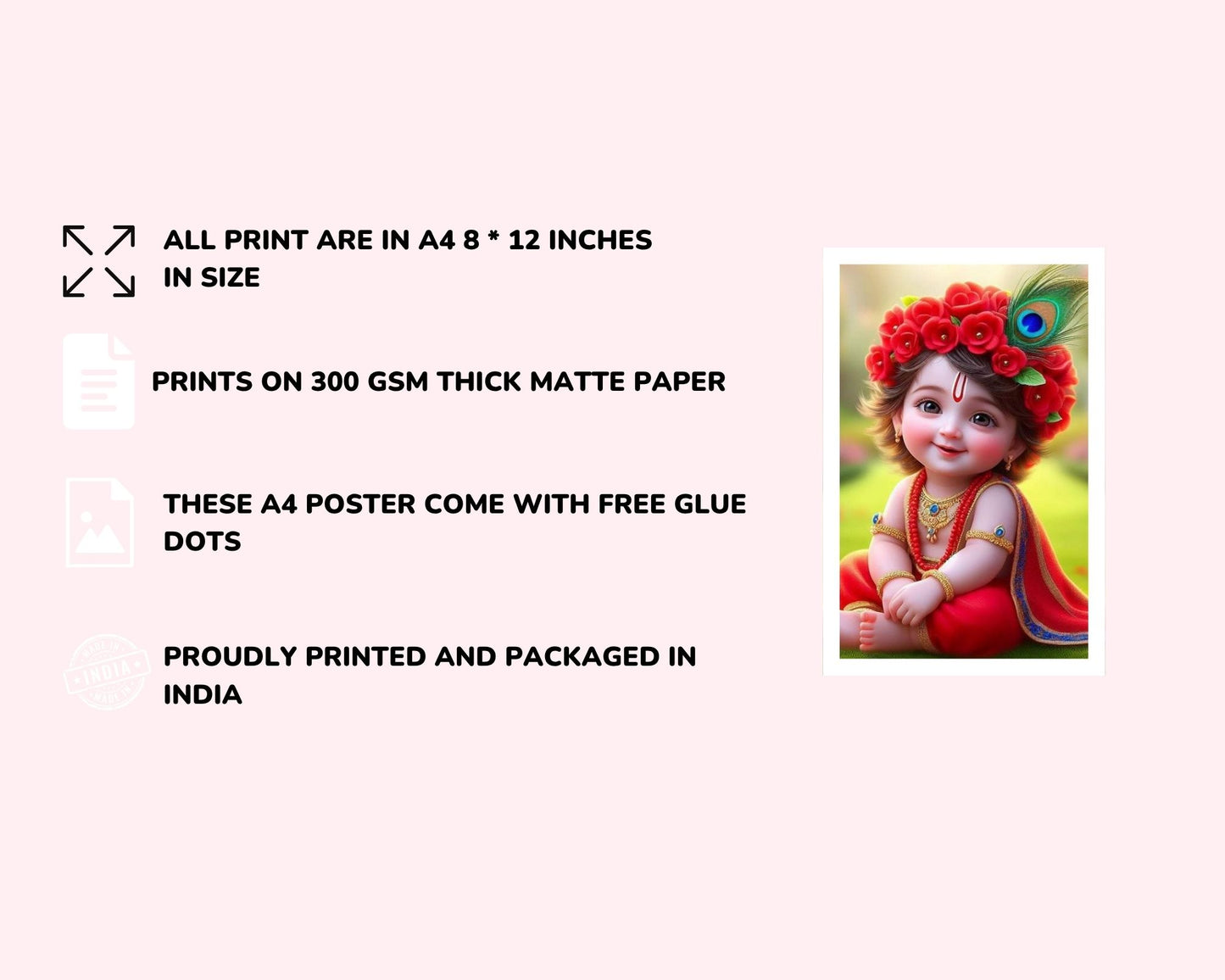 Posters Inc Set of 12 Positive Vibes Bal Krishna Wallpaper Sticker, Cute Baby Poster for Pregnant Women, HD Quality Print on 300 GSM A4 Sized 8 * 12 Inch, Glue Dots Included, Baby God Posters for Home Decoration