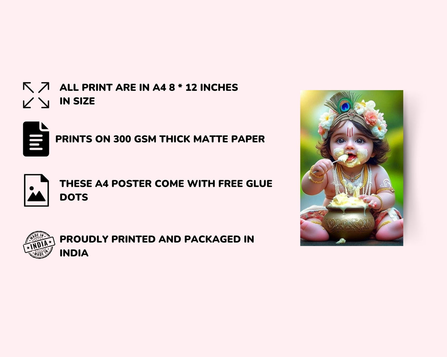 Posters Inc Set of 12 Bal Krishna Stickers – Bal Gopal Cute Baby Posters for Pregnant Women, Kanha Ji HD Print on 300 GSM A4 (8×12 Inch) with Glue Dots, God Posters for Wall Decor, Living Room, Bedroom