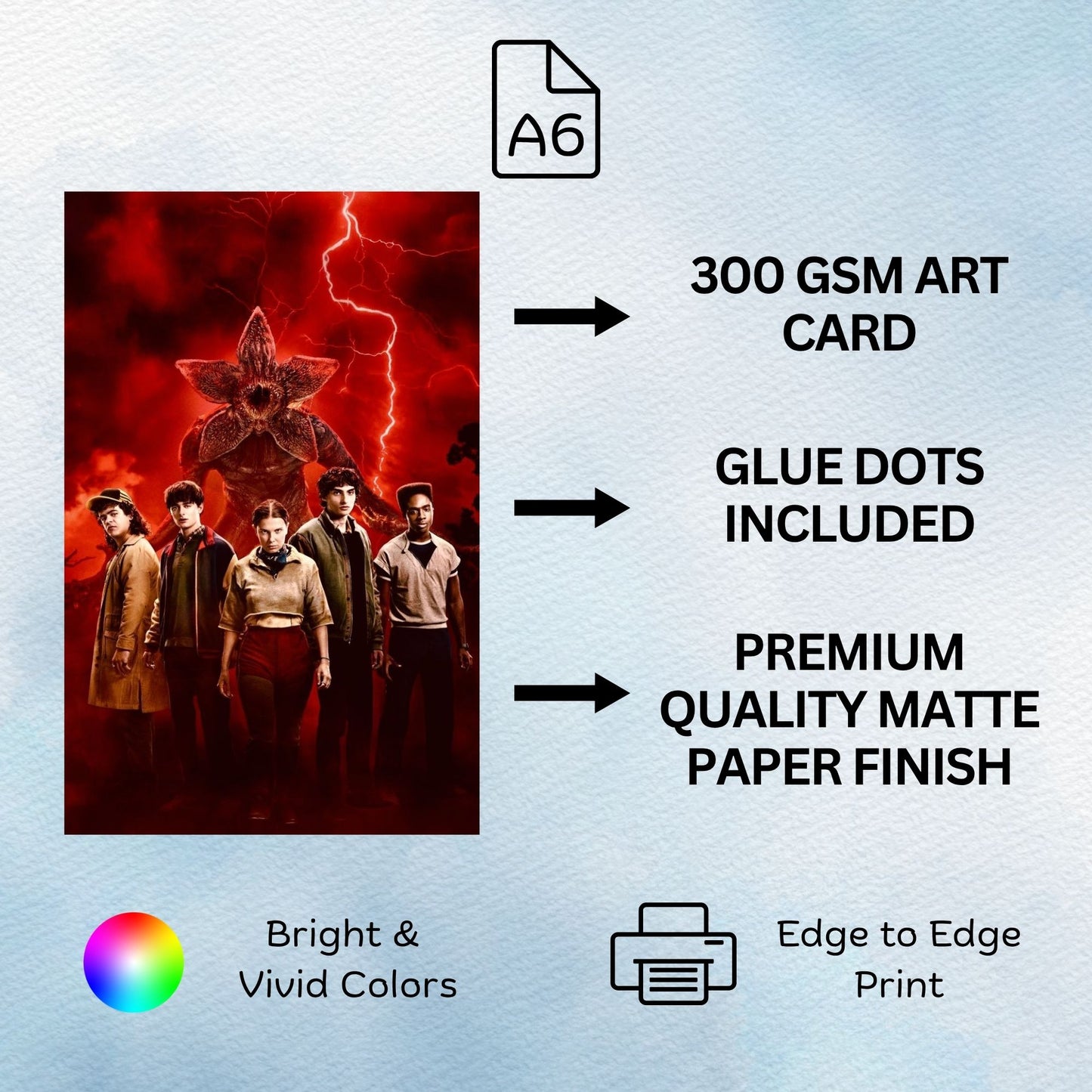 Aonami Stranger Things Character Wall Art Set A6 Size Pack of 54 Posters Printed on 300 GSM Matte Paper HD Graphic Prints Stranger Things Room Decor for Bedroom Study Area Hostel Wall Setup Glue Dots Included