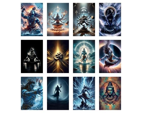 Posters Inc Set of 12 Aesthetic Lord Shiva Poster, Mahadev Wall Sticker for Pooja Room, HD Quality Print on 300 GSM A4 Size 8 * 12 Inch, Glue Dots Included, God Posters