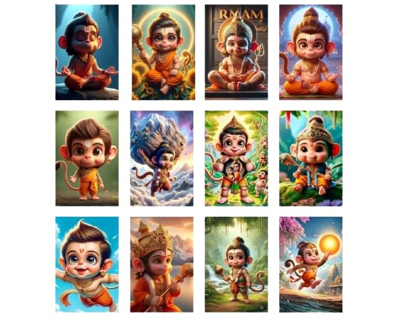 Posters Inc Set of 12 Positive Vibes Baby Hanuman Ji Wallpaper Sticker, Cute Baby Poster for Pregnant Women, HD Quality Print on 300 GSM A4 Size 8 * 12 Inch, Glue Dots Included, God Posters for Wall