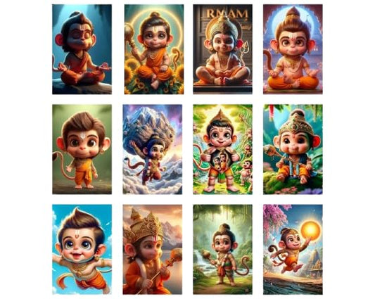 Posters Inc Set of 12 Positive Vibes Baby Hanuman Ji Wallpaper Sticker, Cute Baby Poster for Pregnant Women, HD Quality Print on 300 GSM A4 Size 8 * 12 Inch, Glue Dots Included, God Posters for Wall