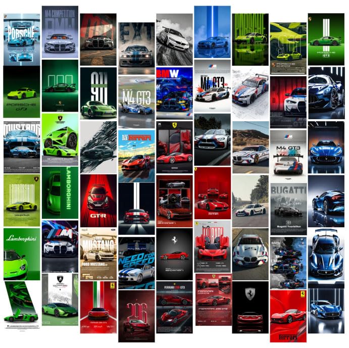Posters Inc Super Car Poster Set A6 Size Pack Of 54 Racing Luxury Sports Vehicle Wall Decor For Bedroom Garage Boys Room Gift With Glue Dots Included Premium Automotive Art Collection
