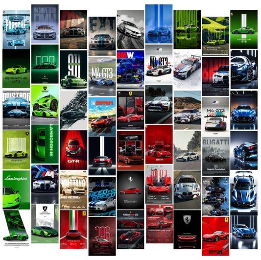 Posters Inc Super Car Poster Set A6 Size Pack Of 54 Racing Luxury Sports Vehicle Wall Decor For Bedroom Garage Boys Room Gift With Glue Dots Included Premium Automotive Art Collection