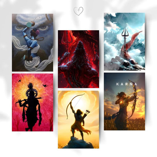 Spiritual Wall Poster Set Pack of 6, A4 Size, Aesthetic Stickers Set, Devotional Items for Home, Pooja Room, Bedroom, Meditation and Living Room Decor Art Prints 300 GSM with Glue Dots