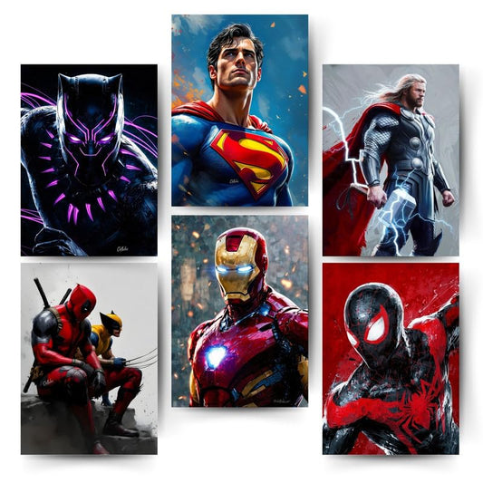 Posters Inc A4 Size Pack of 6 Superhero Poster on 300 GSM Matte Paper with Gluedots for Aesthetic Wall Art Decoration