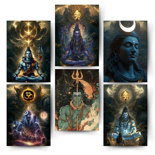 Posters Inc Pack of 6 Lord Shiva Mahadev Posters, Aesthetic Wall Stickers, A4 Size, 300 GSM Matte Paper, Glue Dots Included
