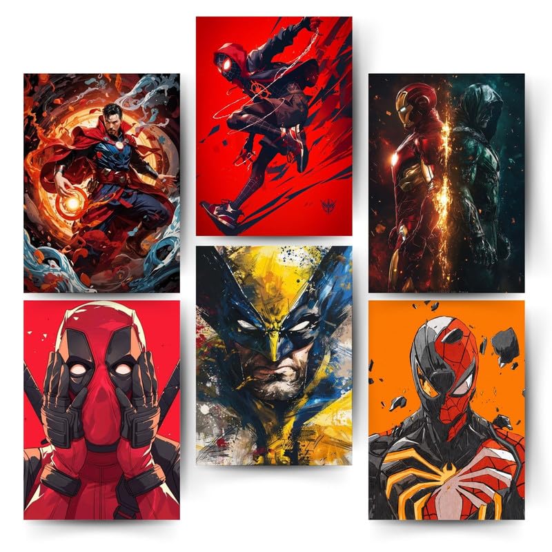 Posters Inc A4 Size Pack of 6 Superhero Poster on 300 GSM Matte Paper with Gluedots for Aesthetic Wall Art Decoration