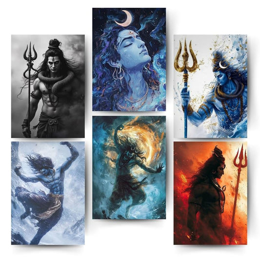 Posters Inc Pack of 6 Lord Shiva Mahadev Posters, Aesthetic Wall Stickers, A4 Size, 300 GSM Matte Paper, Glue Dots Included