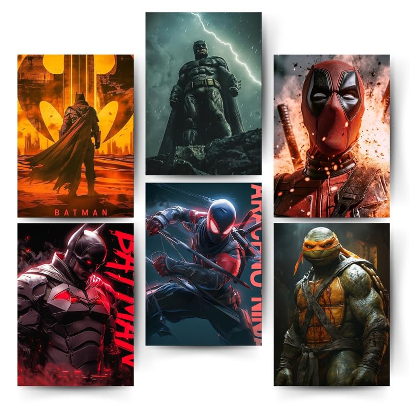 Posters Inc A4 Size Pack of 6 Superhero Poster on 300 GSM Matte Paper with Gluedots for Aesthetic Wall Art Decoration
