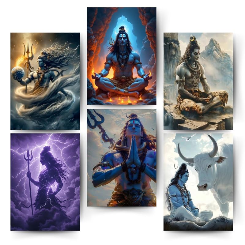 Posters Inc Pack of 6 Lord Shiva Mahadev Posters, Aesthetic Wall Stickers, A4 Size, 300 GSM Matte Paper, Glue Dots Included