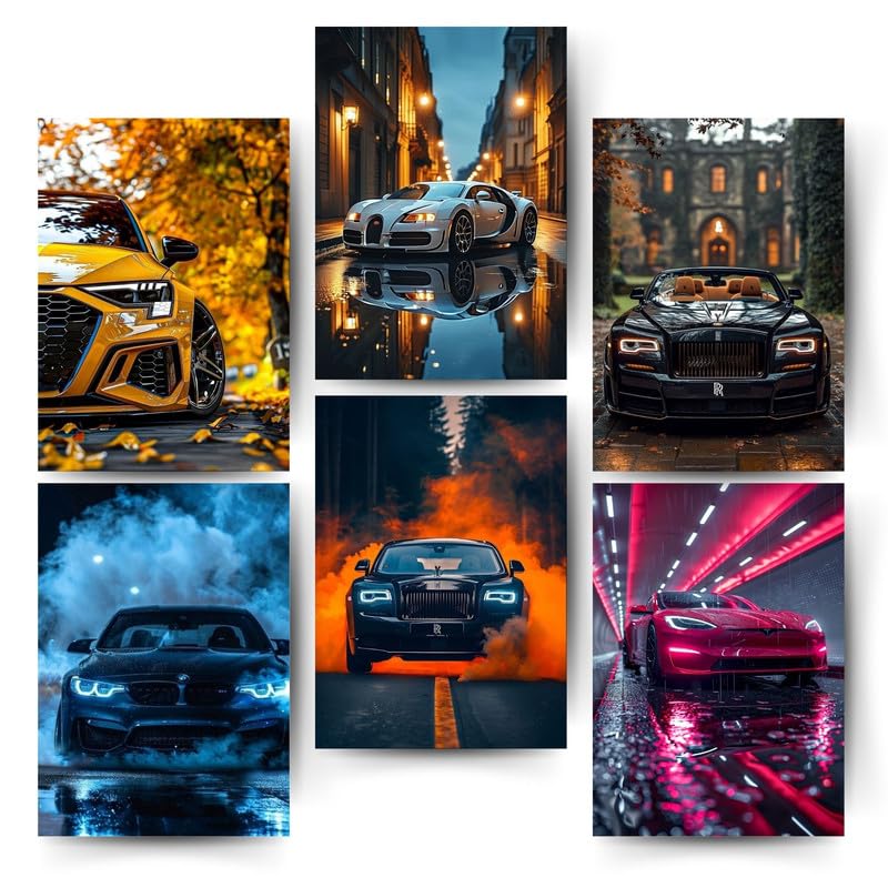 Posters Inc A4 Cars Posters Pack of 6 Stylish Wall Decor for Living Room, Bedroom & Office, Perfect for Automobile Enthusiasts – Glue Dots Included