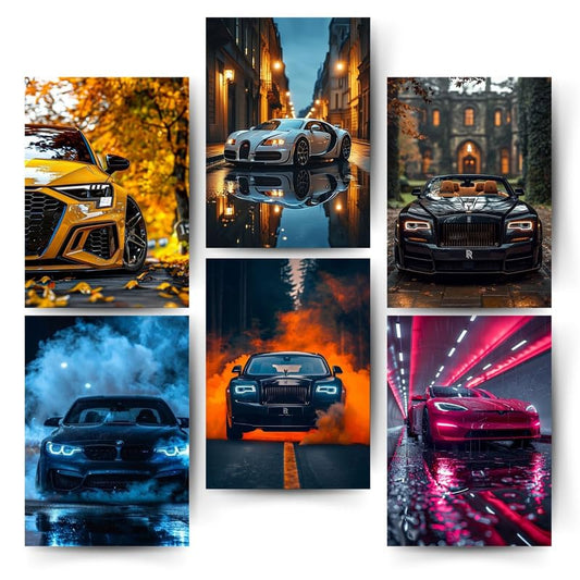 Posters Inc A4 Cars Posters Pack of 6 Stylish Wall Decor for Living Room, Bedroom & Office, Perfect for Automobile Enthusiasts – Glue Dots Included