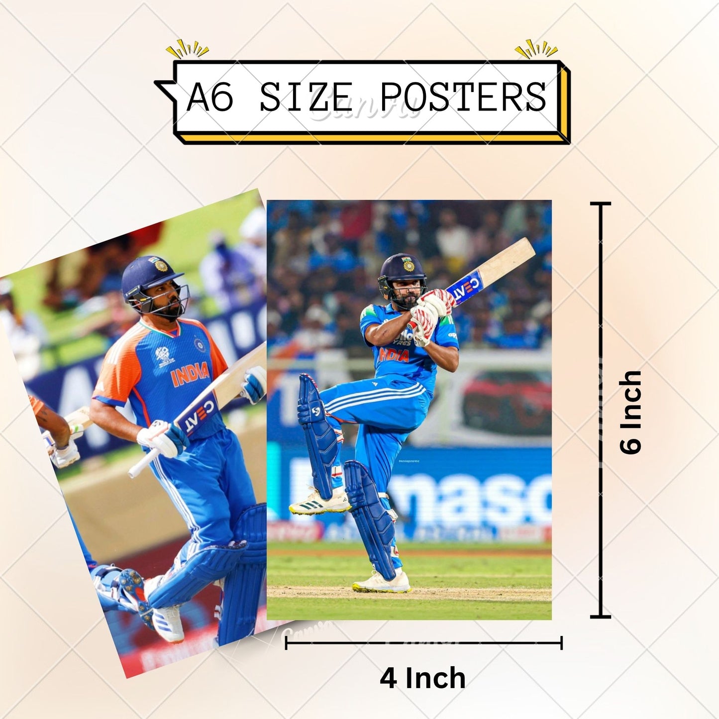 Posters Inc Rohit Sharma Indian Cricket Captain Premium A6 Poster Set Of 54 Hitman Batting Action Stadium Celebration Prints Sports Fan Room Decoration With Glue Dots Included