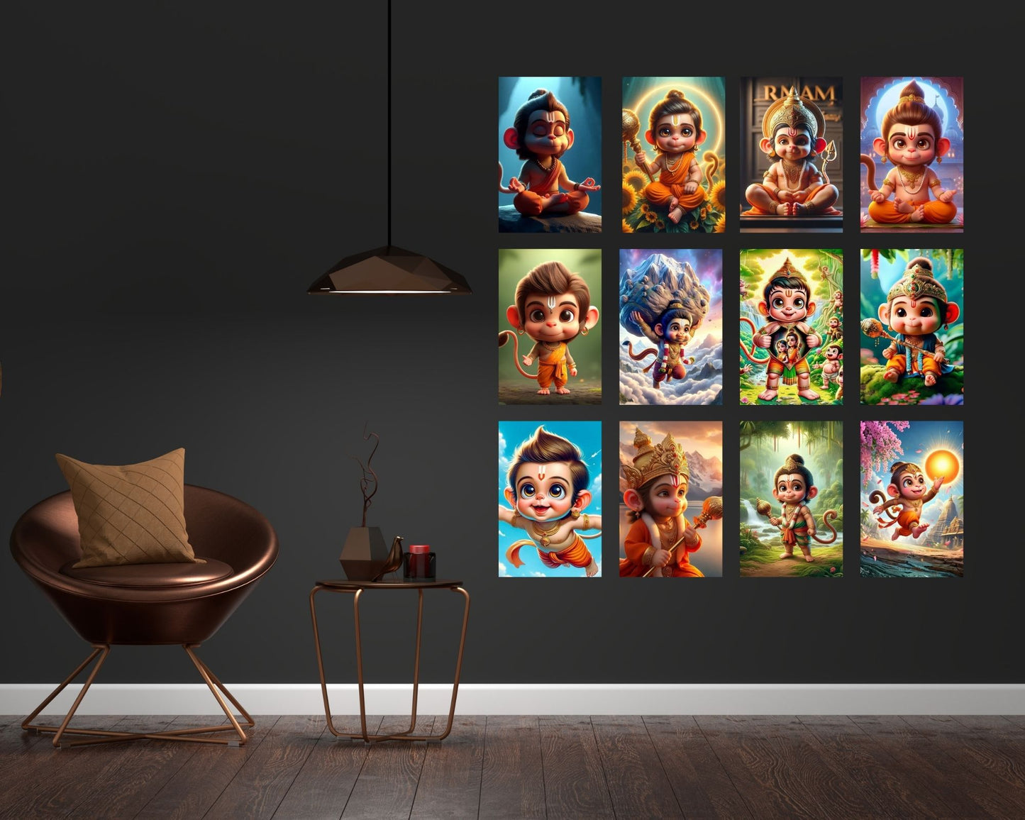 Posters Inc Set of 12 Positive Vibes Baby Hanuman Ji Wallpaper Sticker, Cute Baby Poster for Pregnant Women, HD Quality Print on 300 GSM A4 Size 8 * 12 Inch, Glue Dots Included, God Posters for Wall