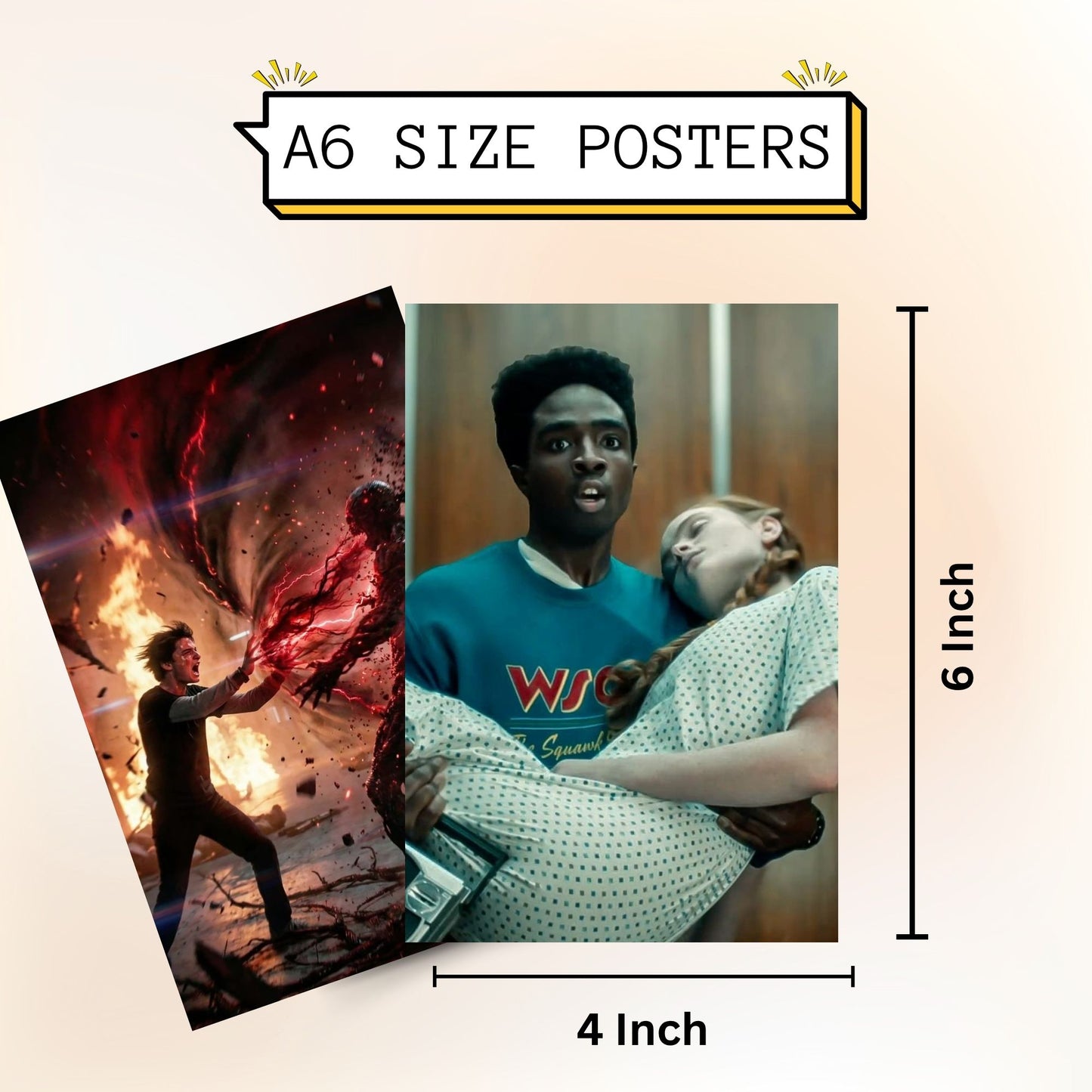 Aonami Stranger Things Character Wall Art Set A6 Size Pack of 54 Posters Printed on 300 GSM Matte Paper HD Graphic Prints Stranger Things Room Decor for Bedroom Study Area Hostel Wall Setup Glue Dots Included