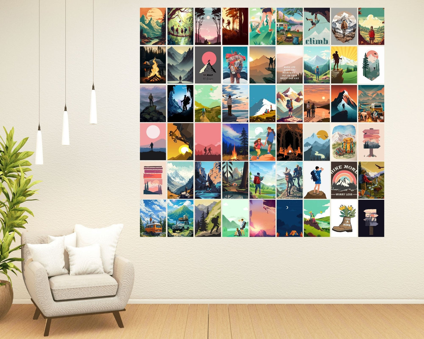 Posters Inc Pack of 54 Travel Hiking Posters, Home Decor Items For Living Room, Aesthetic Wall Stickers For Bedroom And Gym, Gifts For Men And Friends, 4x6 Inches Size Collage Art Kit (Travel)