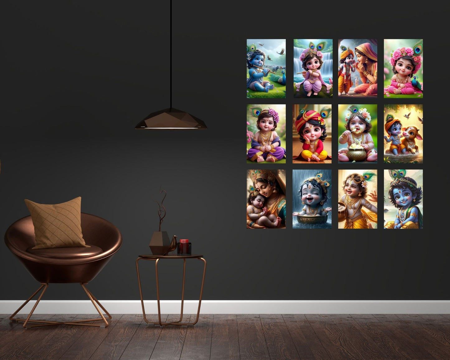Posters Inc Set of 12 Bal Krishna Stickers – Bal Gopal Cute Baby Posters for Pregnant Women, Kanha Ji HD Print on 300 GSM A4 (8×12 Inch) with Glue Dots, God Posters for Wall Decor, Living Room, Bedroom