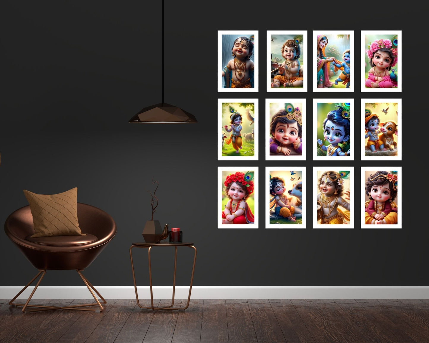 Posters Inc Set of 12 Positive Vibes Bal Krishna Wallpaper Sticker, Cute Baby Poster for Pregnant Women, HD Quality Print on 300 GSM A4 Sized 8 * 12 Inch, Glue Dots Included, Baby God Posters for Home Decoration