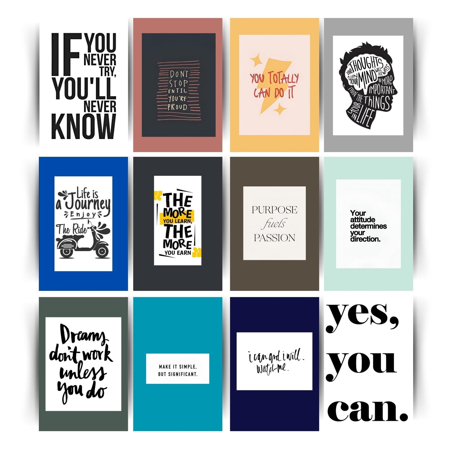 Posters Inc Pack of 12 Positive Vibes Home Decor Motivational Posters, Wall Decoration Items for Living Room, Birthday Gifts for Women & Best Friend, 300 GSM A4 Size Wallpaper Sticker Without Frame