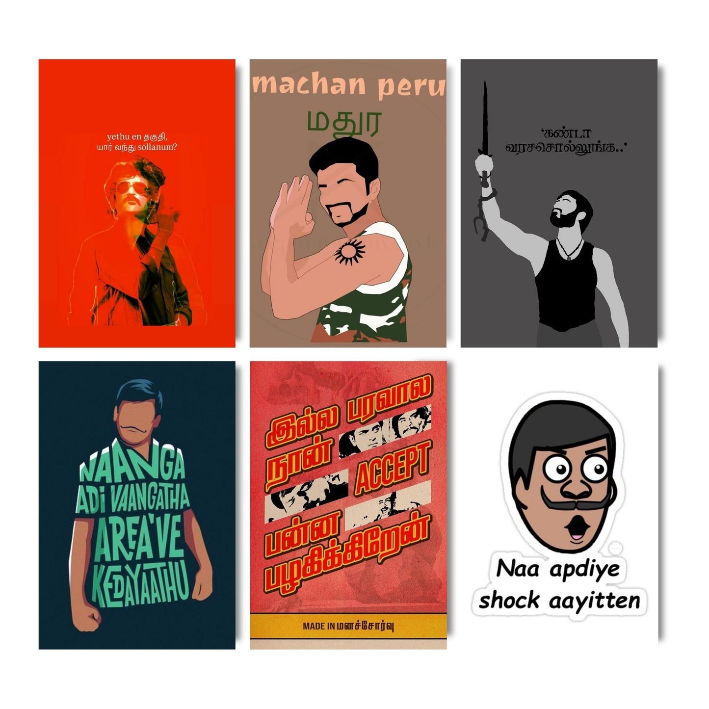 Aonami A4 Tamil Meme Funny Dialogue Posters Pack of 6 Posters Glue Dots Included Kollywood Comedy Meme Print 300 GSM Matte Paper Set Tamil Cinema Comedy Scene Prints for Study Room Office Decor