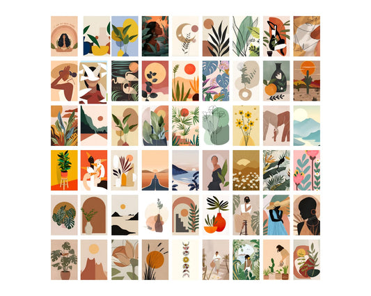 Posters Inc Boho Wall Stickers for Bedroom | Aesthetic Room Decor Items & Wall Posters for Room Decoration | 54 Pcs Collage Kit 4x6 Inch | 300 GSM Matte Paper Postcards | Good Luck Gifts for Women & Girls