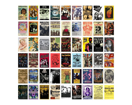 Posters Inc Pack of 54 Rock Band Vintage Stickers for Bedroom, Music Poster for Wall, Collection of World Tour Concert Light Show Photos of Favourite Idol, 4*6 inch Size Not Framed, Glue Dots Included