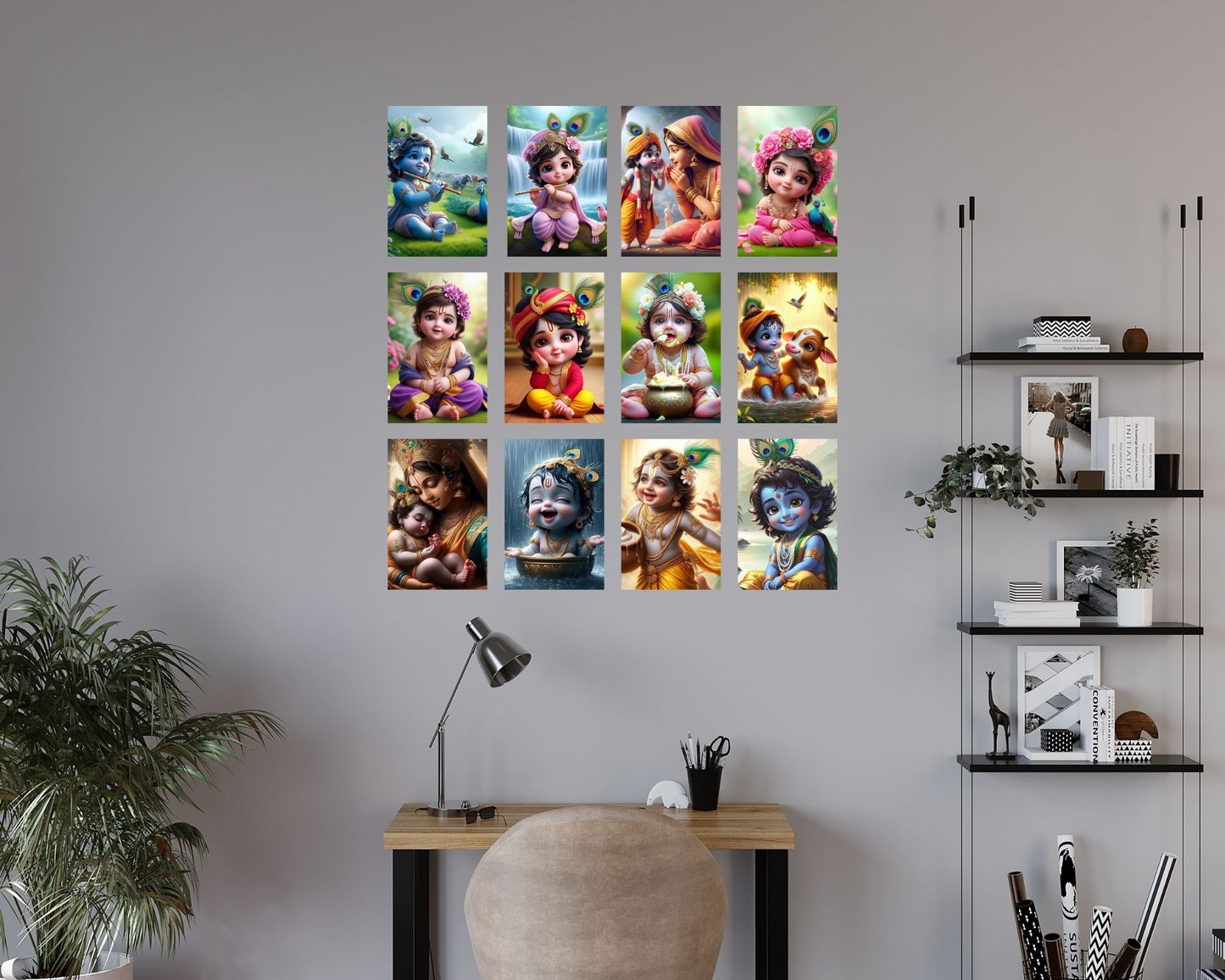 Posters Inc Set of 12 Bal Krishna Stickers – Bal Gopal Cute Baby Posters for Pregnant Women, Kanha Ji HD Print on 300 GSM A4 (8×12 Inch) with Glue Dots, God Posters for Wall Decor, Living Room, Bedroom