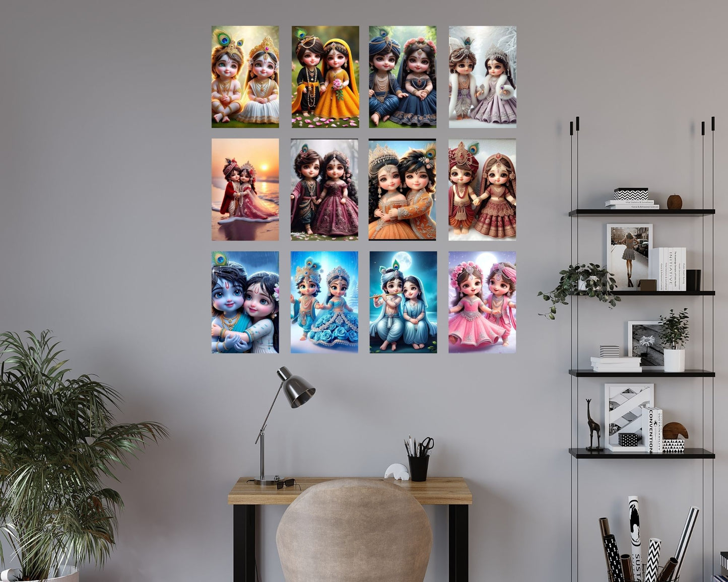 Posters Inc Set of 12 Positive Vibes Baby Radha Krishna Wallpaper Sticker, Cute Baby Poster for Pregnant Women Couple, HD Quality Print on 300 GSM A4 Size 8*12 Inch, Glue Dots Included, Baby God Radha Krishna Posters for Wall