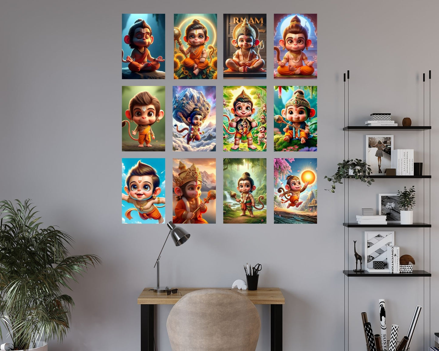 Posters Inc Set of 12 Positive Vibes Baby Hanuman Ji Wallpaper Sticker, Cute Baby Poster for Pregnant Women, HD Quality Print on 300 GSM A4 Size 8 * 12 Inch, Glue Dots Included, God Posters for Wall