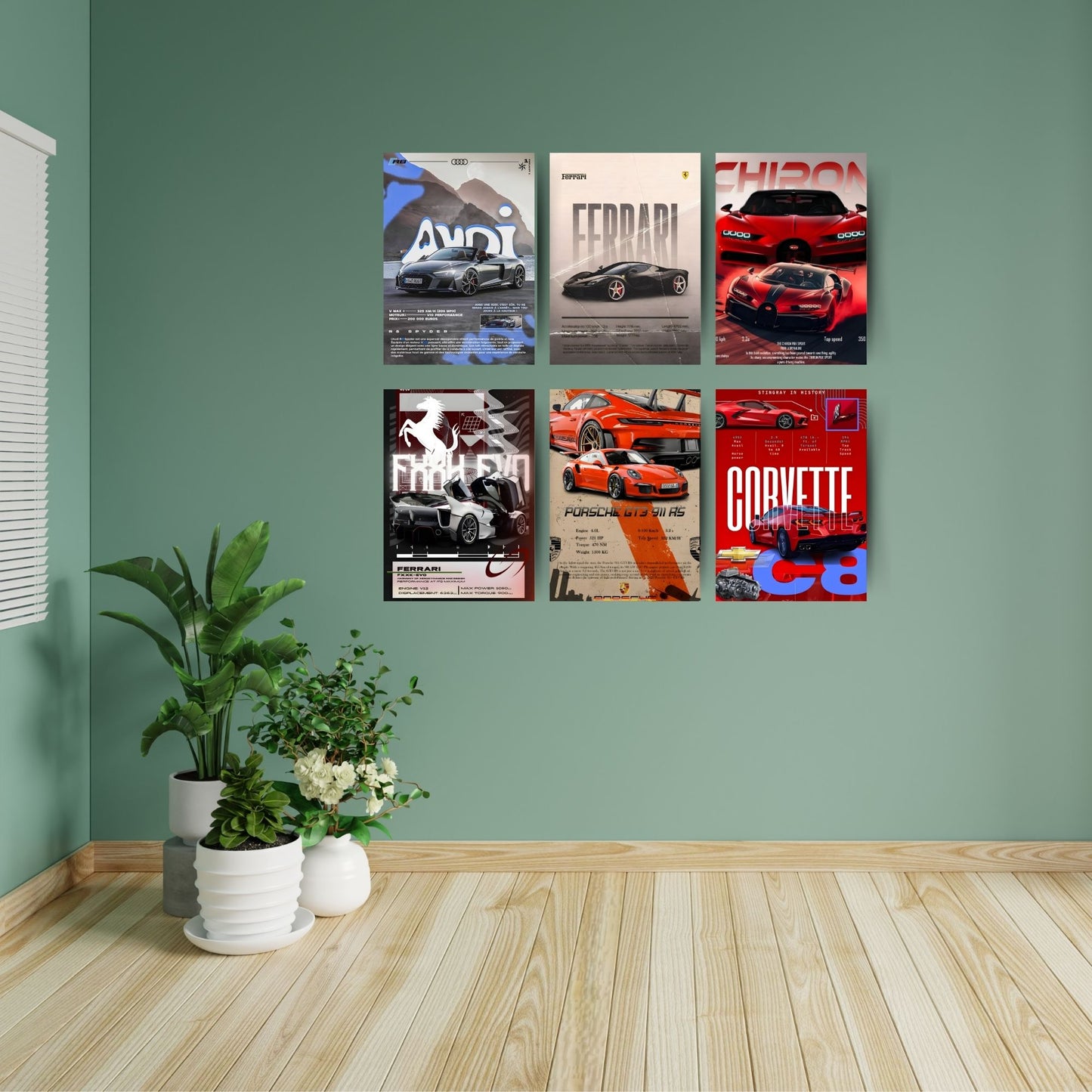 Posters Inc A4 Super Cars Poster Pack of 6 - Room Decor Aesthetic Stuff, Wall Stickers For Home Decoration of Living Room, Bedroom & Office For Motor Sport Enthusiasts - With Glue Dots