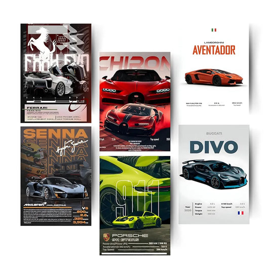 Posters Inc A4 Super Cars Poster Pack of 6 - Room Decor Aesthetic Stuff, Wall Stickers For Home Decoration of Living Room, Bedroom & Office For Motor Sport Enthusiasts - With Glue Dots