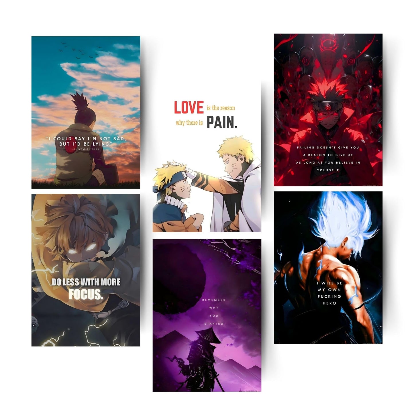 Posters Inc Anime Motivational Poster A4 Size Pack of 6 Perfect Wall Decoration for Offices, Bedrooms, Hostels, Study & Living Rooms Featuring Quotes, 300 GSM Matte Paper, Aesthetic Designs & Positive Vibes Glue Dots Included