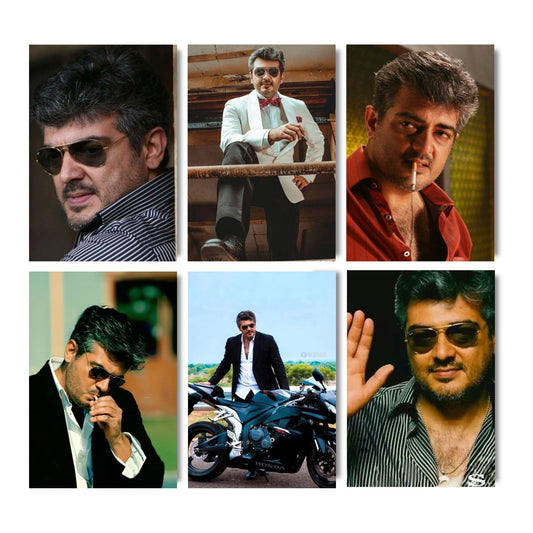Aonami Ajith Kumar Poster Set A4 Pack of 6 Posters 300 GSM Matte Paper Print Glue Dots Included Tamil Actor Ajith Wall Art Collection for Bedroom Study Area Hostel Room Office Decor Kollywood Celebrity Wall Decoration