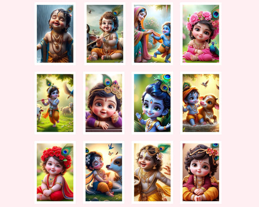 Posters Inc Set of 12 Positive Vibes Bal Krishna Wallpaper Sticker, Cute Baby Poster for Pregnant Women, HD Quality Print on 300 GSM A4 Sized 8 * 12 Inch, Glue Dots Included, Baby God Posters for Home Decoration