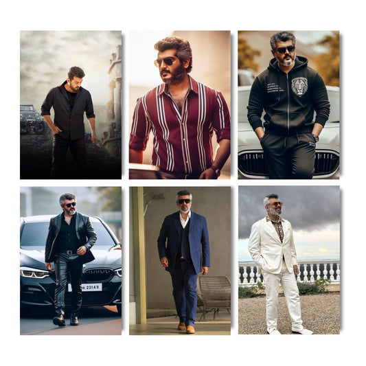 Aonami Kollywood Ajith Wall Decor Set A4 Pack of 6 Posters Printed on 300 GSM Matte Paper Glue Dots Included Ajith Mass Look Photo Print Collection for Bedroom Study Room Hostel and Office Wall Display