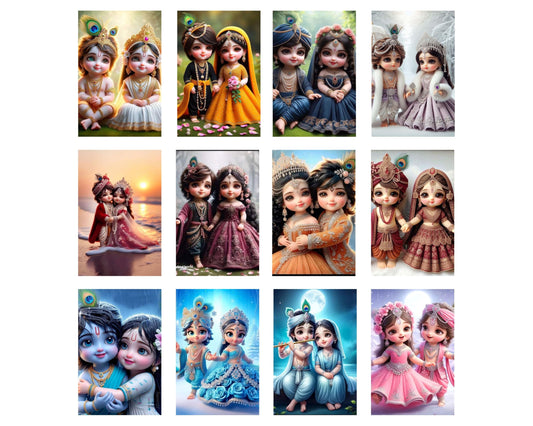 Posters Inc Set of 12 Positive Vibes Baby Radha Krishna Wallpaper Sticker, Cute Baby Poster for Pregnant Women Couple, HD Quality Print on 300 GSM A4 Size 8*12 Inch, Glue Dots Included, Baby God Radha Krishna Posters for Wall