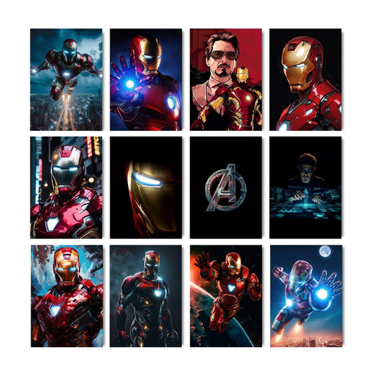 Posters Inc Set of 12 Iron Man Posters for Wall, Home Decoration Items for Living Room, Aesthetic Wall Stickers for Bedroom, Birthday Gift for Men, 300 GSM A4 Size Paper, Glue Dots Included