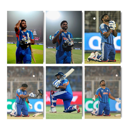 Aonami Sanju Samson Wall Poster Collection A4 Size Pack of 6 Posters Printed on 300 GSM Matte Paper Cricket Player Artwork Display Set Glue Dots Included Bedroom Study Area Sports Decor Wall Print
