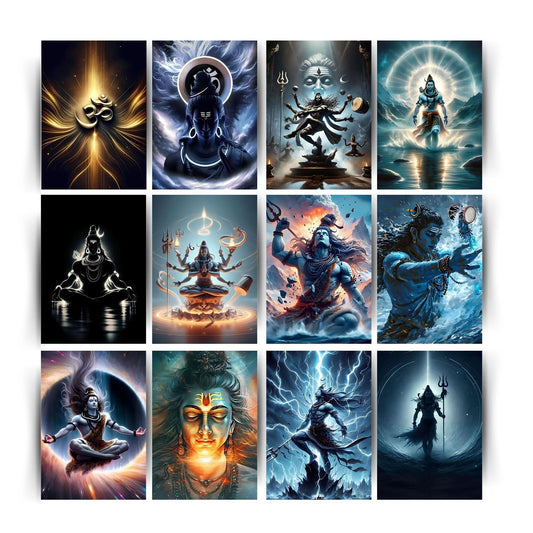 Posters Inc Lord Shiva Posters for Wall – Set of 12 Aesthetic Mahadev Wall Art Prints | A4 Size 8x12 Inch HD Posters on 300 GSM Paper with Gluedots | God Posters for Pooja Room, Home & Office Decoration