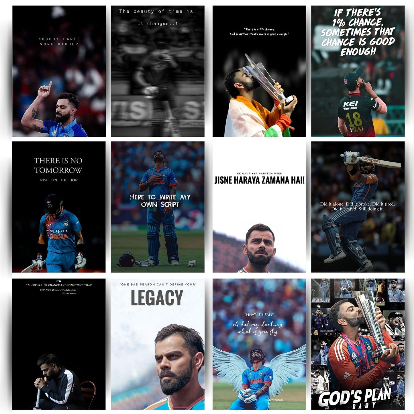 Posters Inc Virat Kohli Wall Posters for Room Decor, Set of 12 Motivational Quote Prints, 8×12 Inch HD Matte Finish on 300 GSM Paper, Birthday Gift for Men, Cricket King Kohli Wall Art with Glue Dots