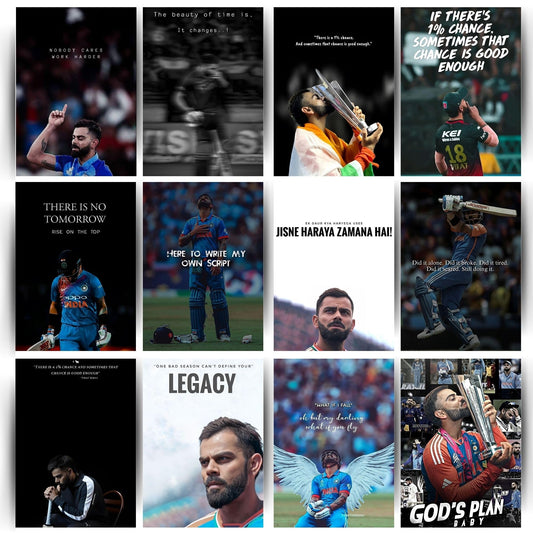 Posters Inc Virat Kohli Wall Posters for Room Decor, Set of 12 Motivational Quote Prints, 8×12 Inch HD Matte Finish on 300 GSM Paper, Birthday Gift for Men, Cricket King Kohli Wall Art with Glue Dots