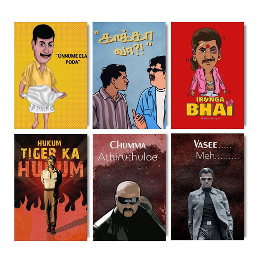 Aonami A4 Tamil Cinema Troll Meme Prints Pack of 6 Posters Glue Dots Included 300 GSM Matte Paper Kollywood Humor Dialogue Wall Decor Tamil Mass Punch Meme Posters for Room Study Area Office Decoration