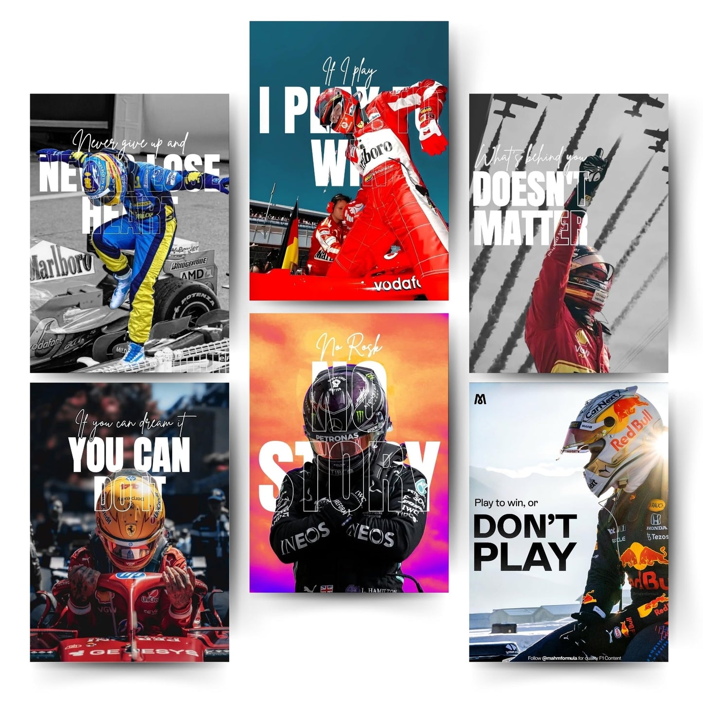 Posters Inc F1 Formula One Racing Wall Art Posters Pack Of 6 A4 Size Printed On Thick 300 GSM Matte Paper With Glue Dots For Easy Installation