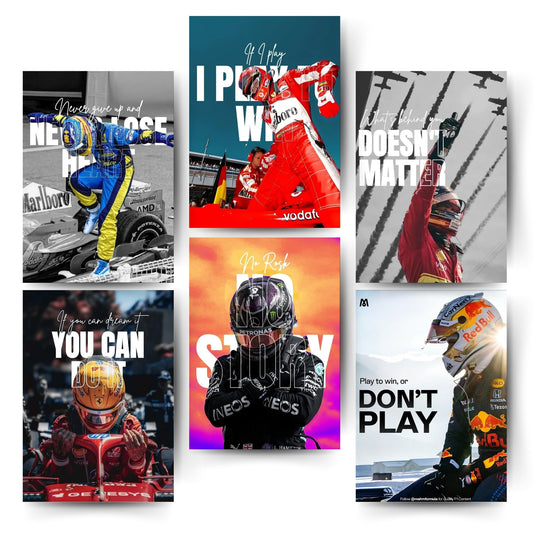 Posters Inc F1 Formula One Racing Wall Art Posters Pack Of 6 A4 Size Printed On Thick 300 GSM Matte Paper With Glue Dots For Easy Installation
