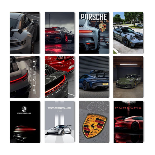 Posters Inc Set of 12 Porsche Car Posters for Wall, Home Decoration Items for Living Room, Aesthetic Wall Stickers for Bedroom, Birthday Gift Men, 300 GSM A4 Size Paper, Glue Dots Included